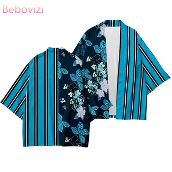 Японски комплекти мода кимоно мъже жени жилетка Haori Obi плюс размер XS-6XL син райе плаж Harajuku азиатски дрехи панталон костюм 2