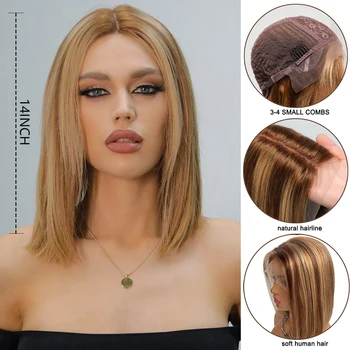 Brown Highlight Blonde Bob Human Hair Wigs Middle Parting 13x1 Lace Frontal Wigs for Women Straight Bob Remy Human Hair Wig 2