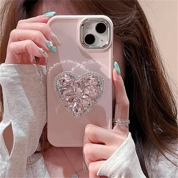 Сладък розов Diamand любов стойка телефон случай подходящ за iPhone 15, 14, 12, 13, 11 Pro Max лесна стойка мек силиконов капак 2