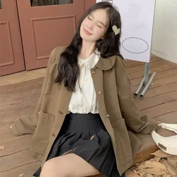 Универсално дамско палто Шик Корейско вдъхновено палто за кукла с големи джобове Свободно прилепнало едноредно за пролетна есен Проста 2
