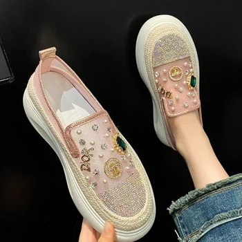 2024 Лято нови дамски обувки мода кристал дебел едноличен тъкани единични окото дишащи обувки за жени Zapatos De Mujer 2