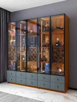 Единична врата с светлинаЛек луксозен шкаф за вино от висок клас модерна минималистична стъклена врата Nordic етаж страничен шкаф BAR SHELF 2