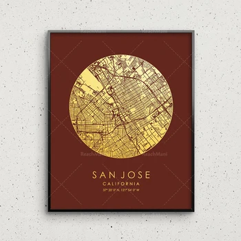 Сан Хосе карта печат кръгова карта на града стена изкуство плакат най-голям инч домашен офис декорация подарък САЩ плакат 2