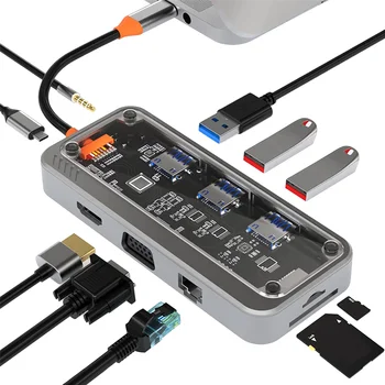 10 в 1 USB C хъб адаптер, USB C лаптоп докинг станции за двойни монитори, USB3.0 2.0 портове, 100W PD зареждане, RJ45, аудио 2