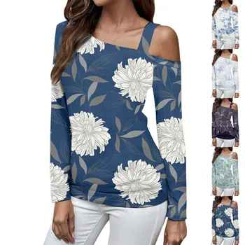 Дамски върхове Случайни свободна мода цвете печат тема дълъг ръкав върховете 2023 Есен Секси Off рамо пуловер риза Ropa De Mujer 2