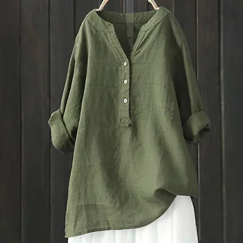 Плюс размер 5XL случайни хлабав памук бельо блуза риза жени дълъг ръкав извънгабаритни блуза реколта хлабав Blusas пролет лято 2023 2