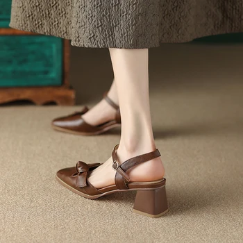 ASUMER 2023 Нова класика Естествена кожа рокля сандали ключалката квадрат мед токчета Slingbacks сандали твърди дамски летни обувки 2