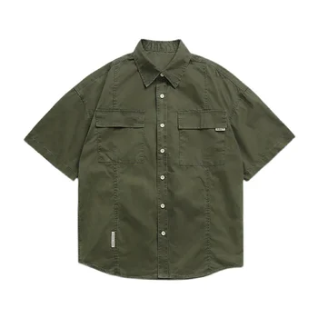 Лято Японски товари къс ръкав риза Мъжки джобове бутон завой-надолу яка ризи мода случайни жилетка блузи върховете 2