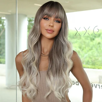 Craftourist Ombre Ash Brown Blonde Synthetic Wigs with Bangs Long Natural Wave Wigs for Women Cosplay Daily Party Heat Resistant 2