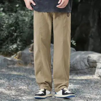 Плътен цвят ежедневни панталони ретро стил мъжки широки крака товарни панталони с ластик джобове за удобна топла пълна дължина 2