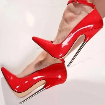 Rose Red Back Strap Metal Heel Pumps Заострени обувки за жени Лачена кожа Тънки обувки на високи токчета 2023 Сапатос Пара Мужере 2