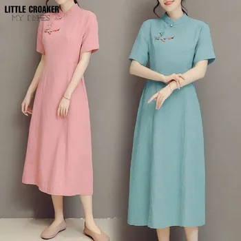 Подобрена рокля Cheongsam за жени 2023 Бродерия памук бельо средна дължина хлабав тънък артистичен и ретро Chinoiserie стил 2