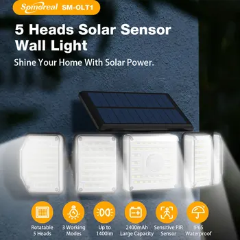 2PCS SM-OLT1 слънчева стена светлина 5-главата 214 LED 2400mAh батерия 6500K цветна температура 3 режима Външни градински лампи 2