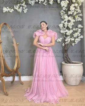 OEING Розови вечерни рокли Елегантни къдри Жартиера Плисиран тюл Диференцирана A-Line абитуриентска рокля Официални рокли Vestidos de Fiesta 2