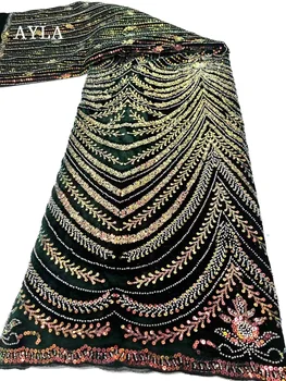 Висококачествена кадифена дантелена тъкан 2023 Дантела с мъниста бродерия за рокля Шиене, Royal Blue нигерийски пайети тъкани в продажба 2
