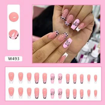 Sweet Pink White Love Heart Milk Stripe Glitter Powder Ballet Nail Full Cover Finished False Fake Art Nail Glue Easy To Wear DIY 2