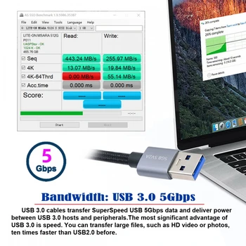  Zihan USB 3.0 Type-A мъжки към USB3.0 A мъжки / женски кабел Silver 5Gbps за диск SSD камера данни 30cm 2